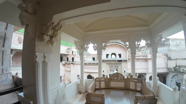 Balcony with Ornate Columns and Stone Carvings Inside Taragarh Fort, Bundi, Rajasthan, India