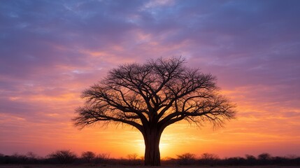 Fototapeta premium Silhouette Tree Against Sunset: A majestic tree silhouetted against a breathtaking sunset, painting the sky with vibrant hues of orange, pink, and purple.