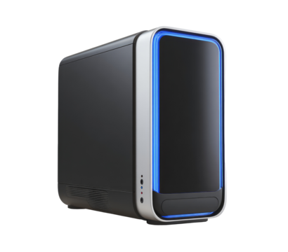 Modern, dark gray computer case with a bright blue light rim