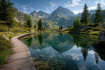 Mountain lake with wooden pathway and clear water reflection