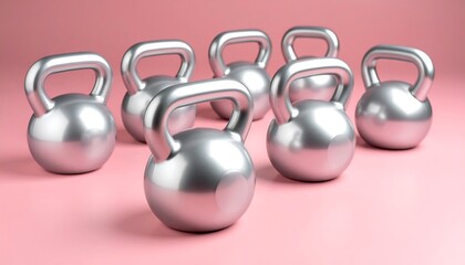 Seven metallic kettlebells on a pink background
