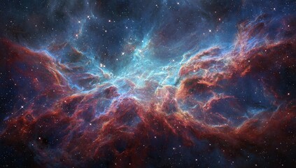 Cosmic Nebula Celestial Cloudscape, Red and Blue Hues, Starry Background, Space Exploration