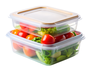 Stackable clear plastic food containers filled with fresh vegetables, isolated on transparent background