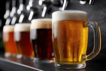 Four mugs of beer with varying colors sit on a bar with beer taps blurred in the background