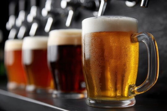Four mugs of beer with varying colors sit on a bar with beer taps blurred in the background