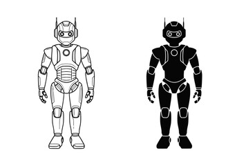 Vector art of humanoid robot illustration in outline and silhouette isolated on white background