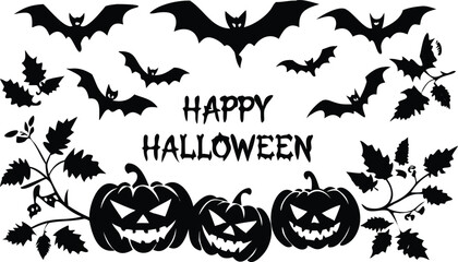 Spooky Halloween vector set with cartoon pumpkins, bats, and other dark autumn night elements perfect for an October holiday illustration