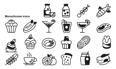 Monochrome Food silhouette Icon Set  pastries, coffee cups, cocktails, bread, meat, seafood, and dairy products vector