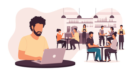 Man working on laptop in a busy cafe, perfect for illustrating remote work, coworking spaces, or coffee shop culture.