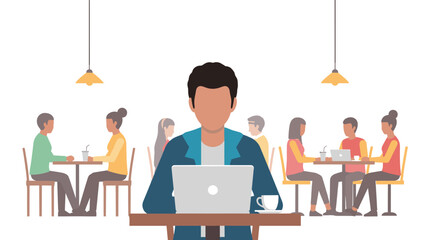 Man working on laptop in a busy cafe, ideal for website banners or blog posts about remote work or coworking spaces.
