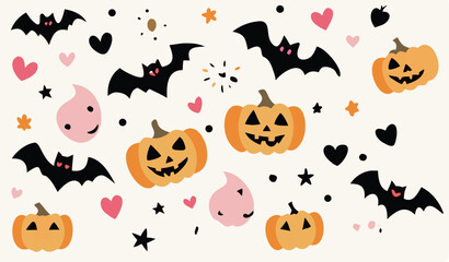 Obraz premium Seamless vector pattern for a spooky Halloween night celebration with cartoon pumpkins, ghosts, bats, and witch hats
