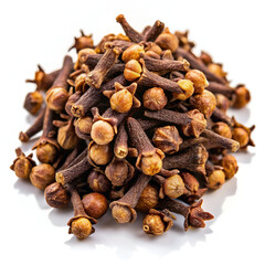 Fototapeta premium A pile of dried cloves, a pungent spice with a strong aroma, is arranged on a white background for culinary use