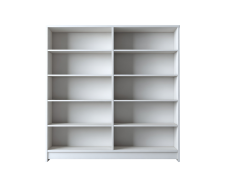 Empty white bookcase with multiple shelves