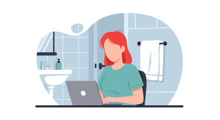 Woman working on laptop in bathroom, perfect for blog posts about remote work or work-life balance.