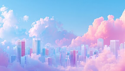 Pastel city skyline, floating in clouds
