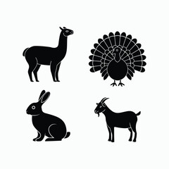 Llama Turkey Rabbit Goat Animal Silhouette Set Vector Illustration
