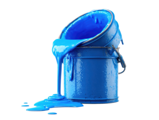 Blue paint can, spilling liquid