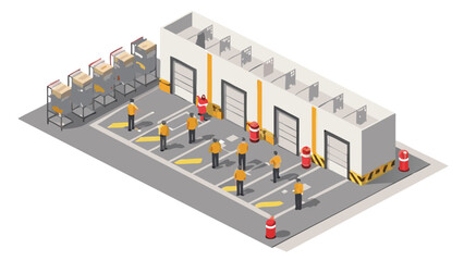 Isometric view of a warehouse with workers standing in marked parking spaces near loading docks and shelving