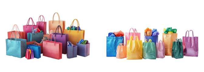 Set of different sized shopping bags collection, isolated on transparent background. PNG