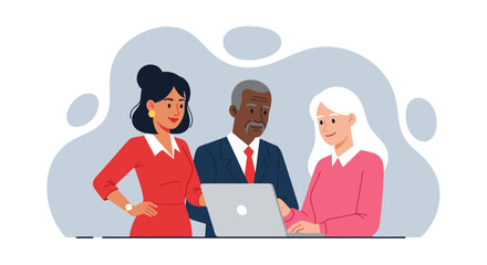 Diverse team of professionals collaborating on a laptop, perfect for website banners or business presentations.