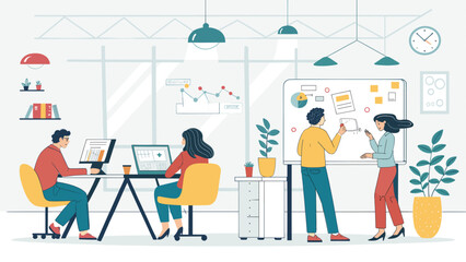 Teamwork in a modern office: Illustration perfect for websites, presentations, and brochures.