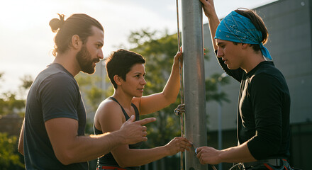 Three Athletic Friends Discussing Climbing Strategy at Outdoor Climbing Gym, Collaboration