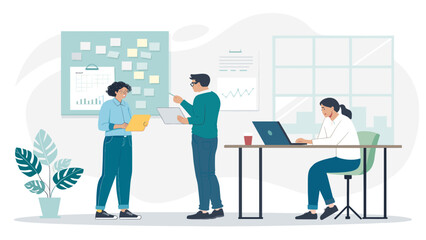 Fototapeta premium Teamwork in a modern office: Colleagues collaborating on a project, perfect for website banners or presentations.