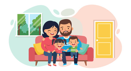 Happy family sitting on a sofa at home. Perfect for family blogs, parenting websites, or advertising materials.