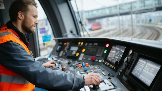 Train operator controls train from cockpit in urban environment during afternoon shift