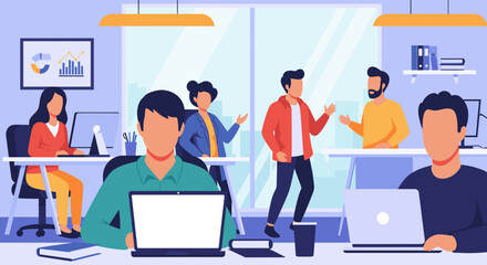 Diverse team collaborating in a modern office, perfect for illustrating teamwork and productivity on your website or company brochure.