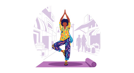 Woman practicing yoga tree pose outdoors in a city street, perfect for wellness blogs or fitness websites.