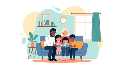 Happy diverse family reading a book together on a comfy couch at home. Perfect for family blogs, children's books, or educational websites.
