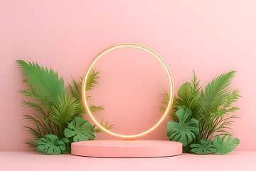 Product Display Podium with Neon Ring and Tropical Plants