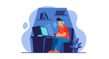 Young man playing video games at home, perfect for blog posts about gaming or technology.