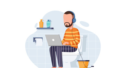 Man working on laptop while sitting on toilet, illustration for blog post or article about remote work.