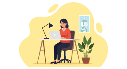 Woman working on laptop at home office, perfect for website banners or blog posts about remote work.