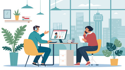 Modern office workers collaborating remotely, perfect for website banners or business presentations.