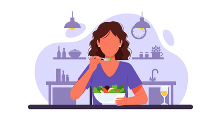 Woman enjoying a healthy salad at home - perfect for healthy eating blogs or recipe websites.