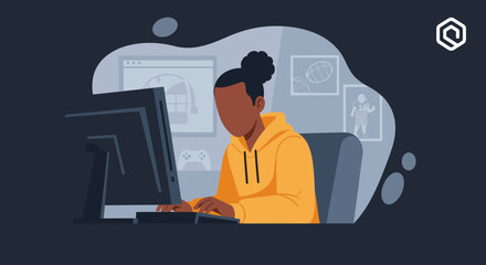 Fototapeta premium Person working on computer, vector illustration, suitable for website banners or blog posts about work, technology, or online activities.