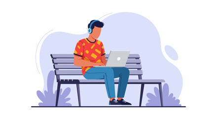 Man working on laptop in park, perfect for blog posts about remote work or freelance lifestyle.