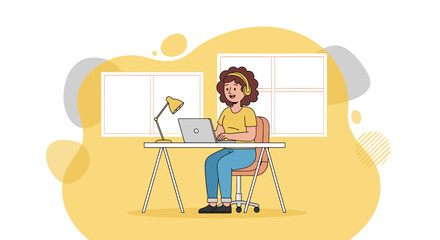 Happy woman working from home on laptop, perfect for website banners or blog posts about remote work.