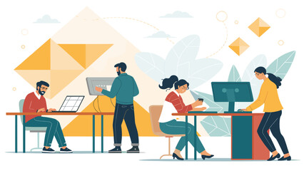 Teamwork in a modern office: Diverse professionals collaborating on projects. Ideal for website banners, presentations, and marketing materials.