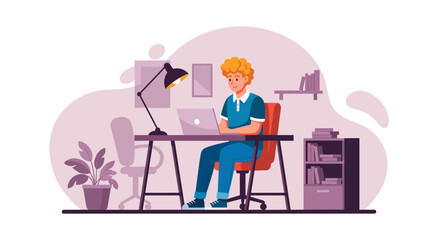 Young man working on laptop at home office, perfect for website banners or blog posts about remote work.