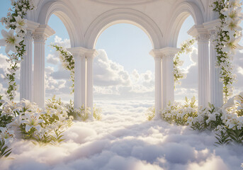 Serene White Architecture with Flowers, Clouds and Heavenly Sky. Elegant Floral Arches. Romantic Scene.
