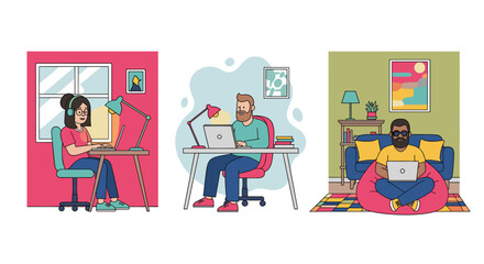 Remote Work Illustration: Diverse People Working from Home on Laptops, Ideal for Blogs, Websites, and Presentations