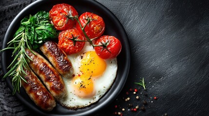 Breakfast plate with sausages, eggs, spinach and tomatoes on dark background. Use it for menu design, blog posts or illustrating healthy eating concepts.