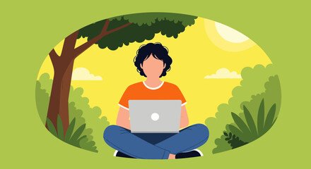 Fototapeta premium Person working on laptop in a park, perfect for blogs about remote work, nature, or technology.