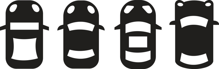 Car top view icon set, black vehicle silhouette symbols, overhead flat illustration of automobiles with different shapes and roof styles for map or transport design isolated on transparent background.