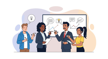 Diverse business team brainstorming on whiteboard, perfect for presentations about teamwork and innovation.