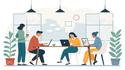 Diverse team collaborating on laptops in a modern office, ideal for business websites and presentations.